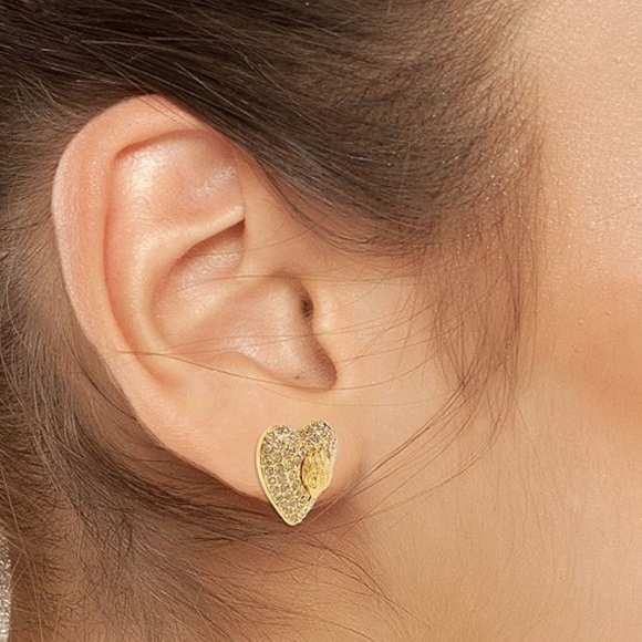Kurt Geiger Gold Heart Crystal Pavé Earrings - Picture 4 of 7